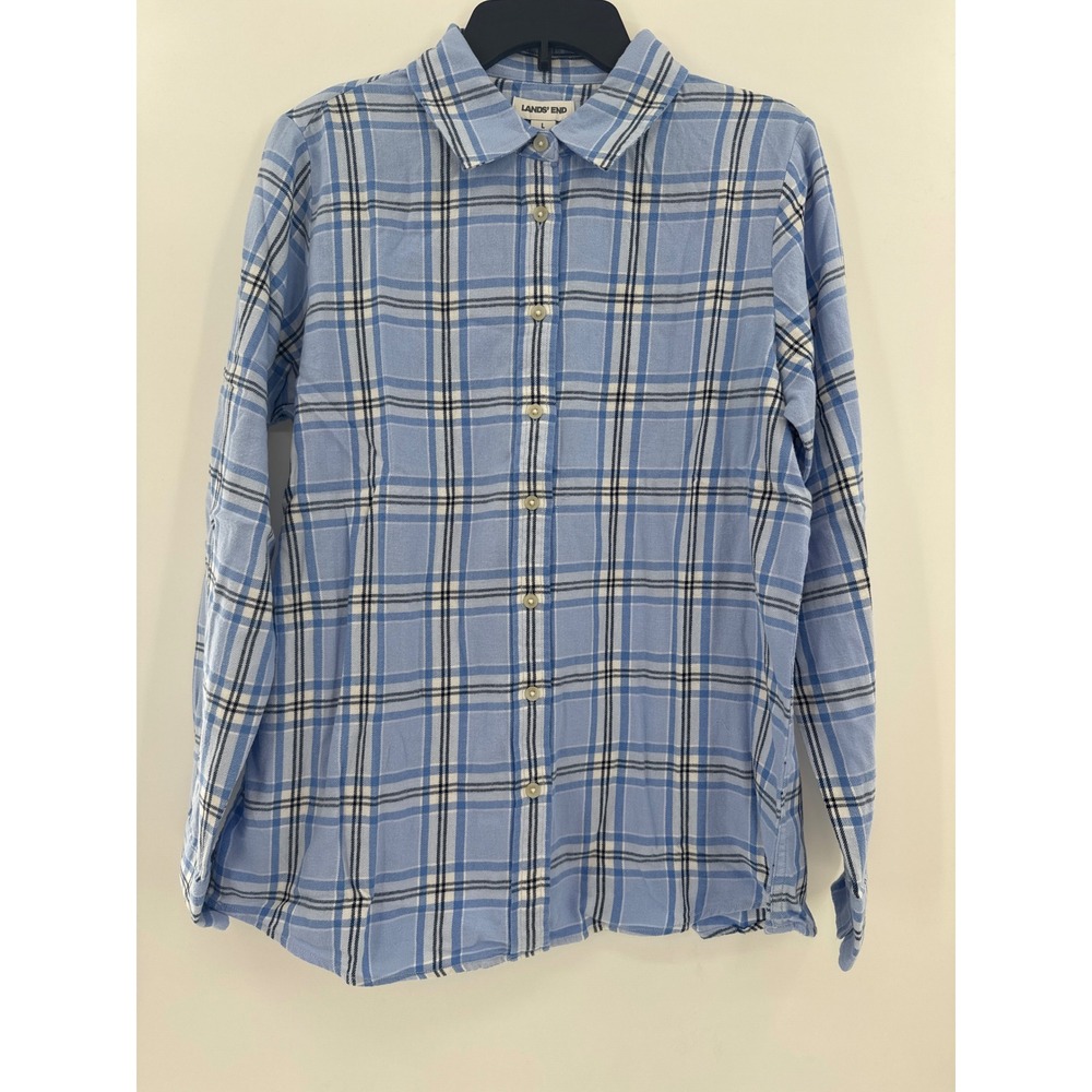 Lands End Womens L 14-16 Blue Plaid Flannel Button Down Shirt Long Sleeve NWT
